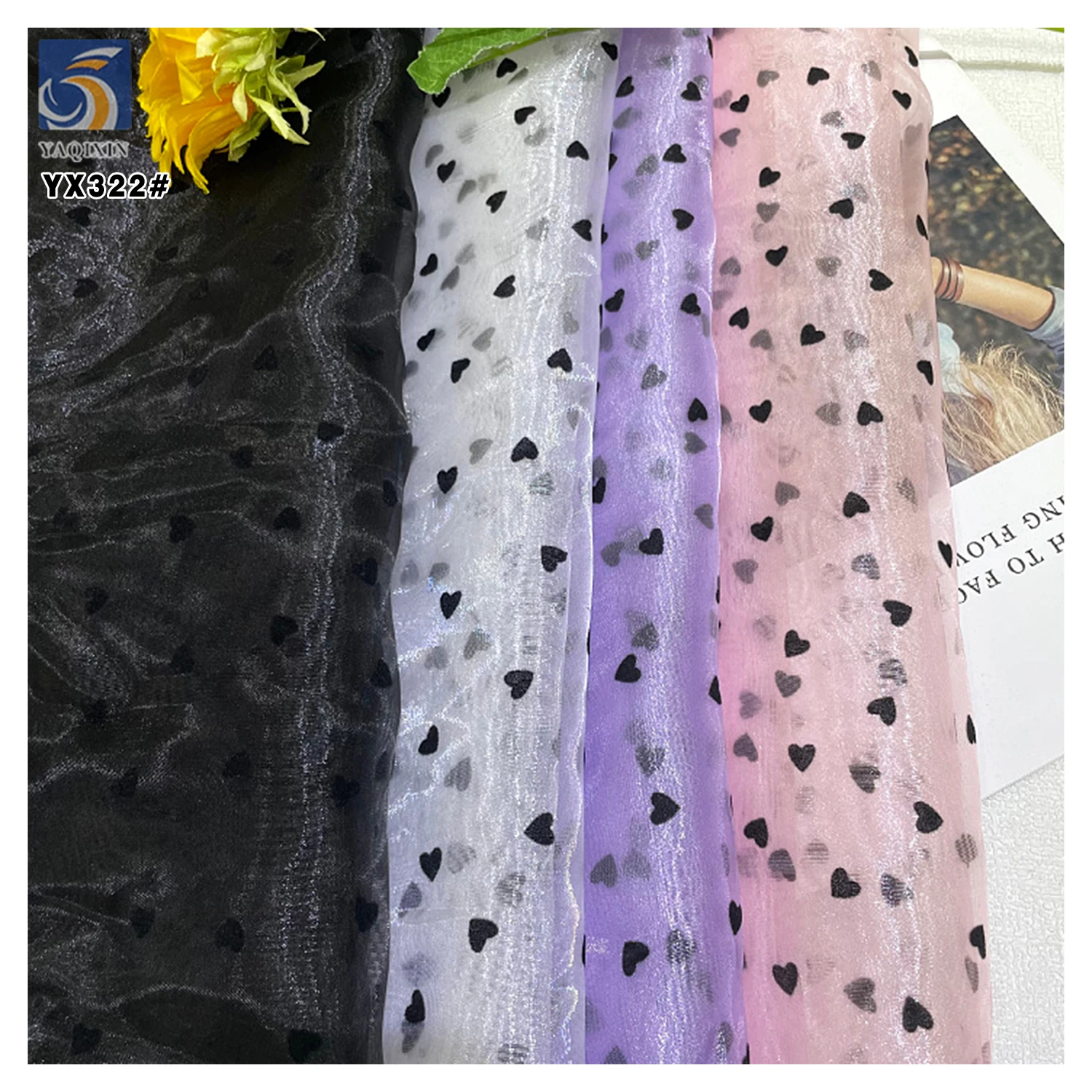 YX322 New Arrival Fluffy Stiff Polyester Shiny Organza Black Flocked Heart Fabric for Headpieces Dresses - 图片 6
