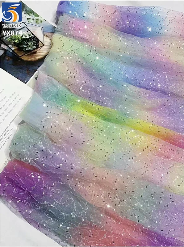 YX874 Girl's Skirt Polyester Gradient Digital Printing Rainbow Tulle Fabrics With 3mm Embroidery Sequins Knitted Mesh Fabric - 图片 4