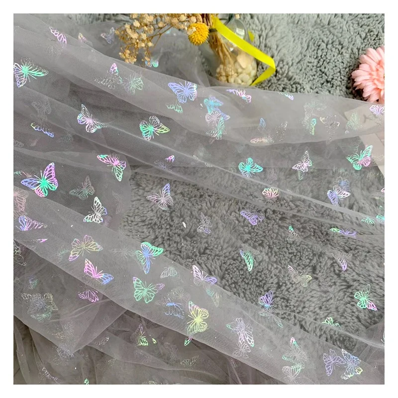 Beige Transparent Polyester Tulle Fabric Textile Printed Multicolor Butterfly Mesh Tulle Fabric - 图片 6