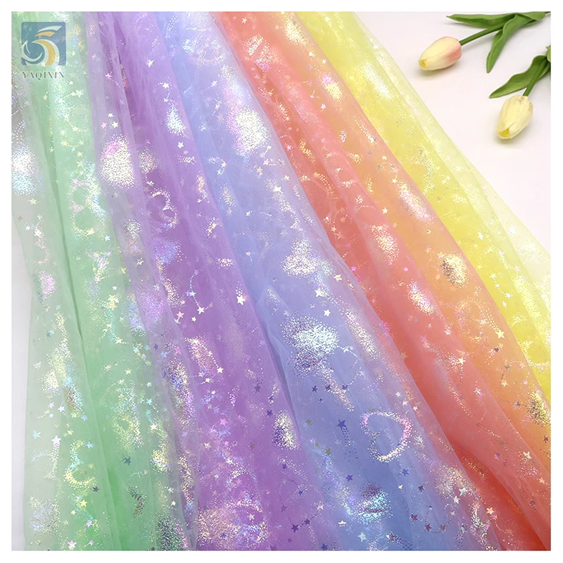 YX2350 Romantic Valentine's Day Design Polyester Print Fabric Meteor Love Design Printing Glitter Tulle Mesh Dress Fabric - 图片 5