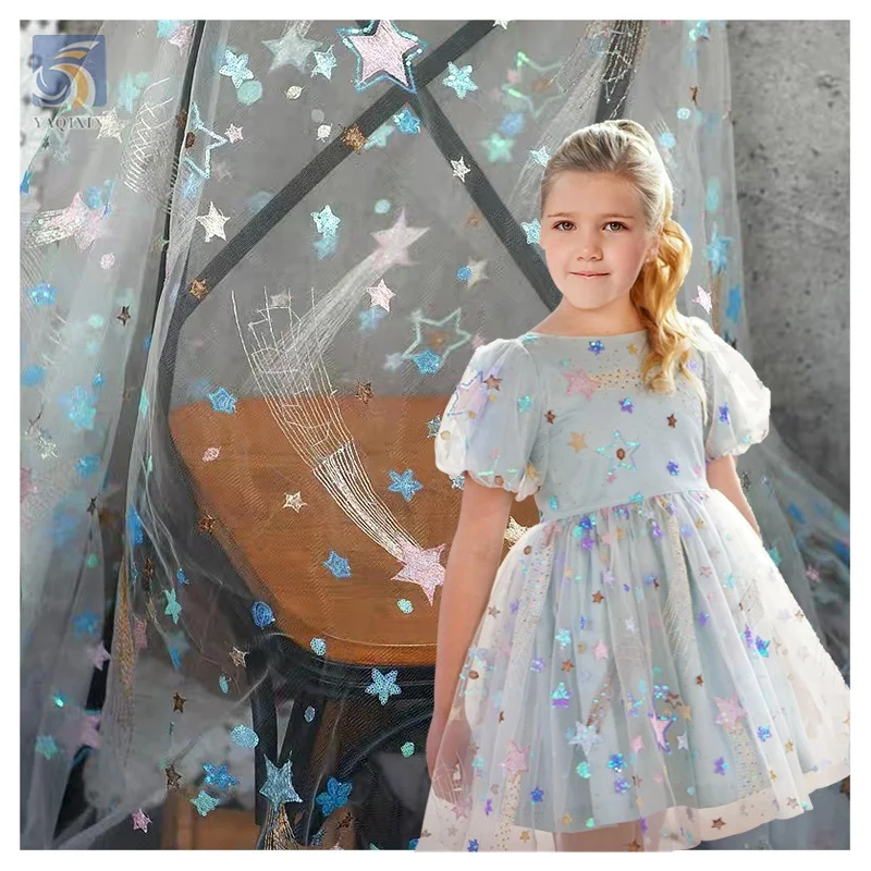 Colorful Five Star Sequin Embroidery Tulle Fabric Sparkly Diy Children's Clothing Embroidery Lace Fabric Baby Fabric