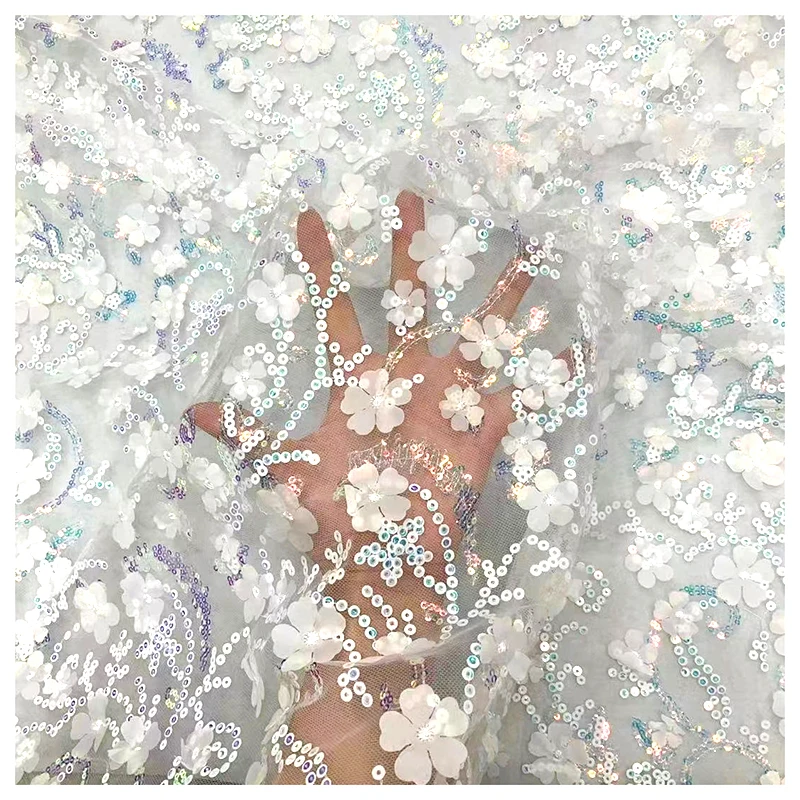 TDS008 Custom Multicolor 3D Floral Embroidered Tulle Lace Fabric for Dress Sequin Embroidered Tulle Mesh Fabric - 图片 6