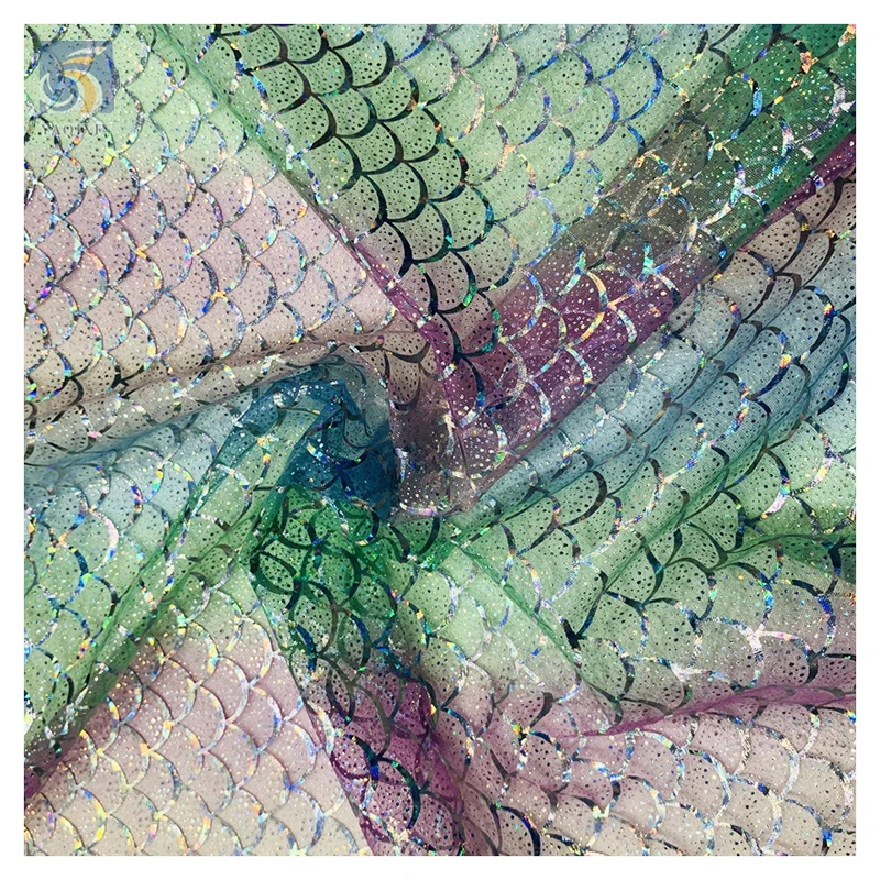 2025 Novel Tulle Rainbow Print Tulle Mesh Fabric Shiny Colored Fish Scale Design Romantic Fancy Tulle Fabric - 图片 4