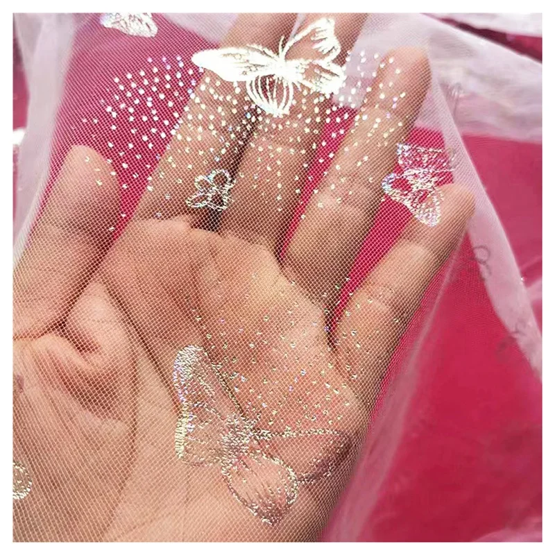 Beige Transparent Polyester Tulle Fabric Textile Printed Multicolor Butterfly Mesh Tulle Fabric - 图片 5