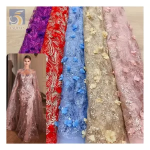 Direct Sales Wholesale Price 3D Flower Lace Fabric Bridal Nigerian African Purple Crystal Glitter Lace Sequins Fabric Mesh