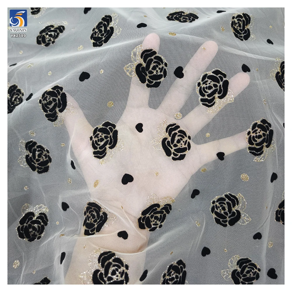 Latest Flashy Tulle Fabric Black Gold Glitter Rose Flowers Flocked Mesh Fabric Tulle 5 Yards High Quality - 图片 3