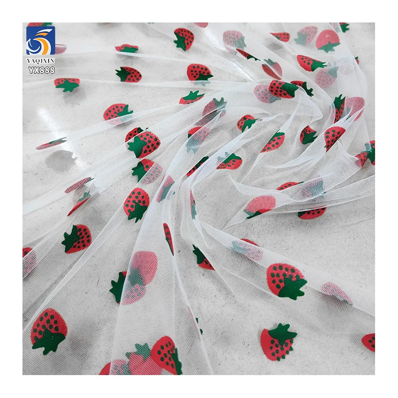 YX888 Summer Fruit Strawberry Print Fabric Polyester Tulle Mesh Strawberry Fabric for Clothing Skirt Little Girls 5 Yards - 图片 4