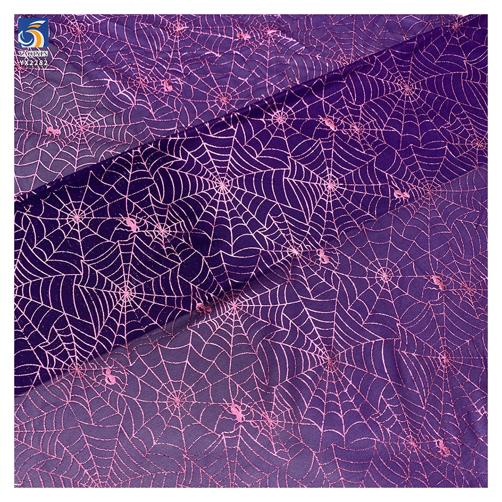 YX2282 Purple 4 Way Stretch Spandex Nylon Power Net Mesh Fabric Printed Glitter Spider Web Mesh Halloween Clothing Fabric - 图片 2