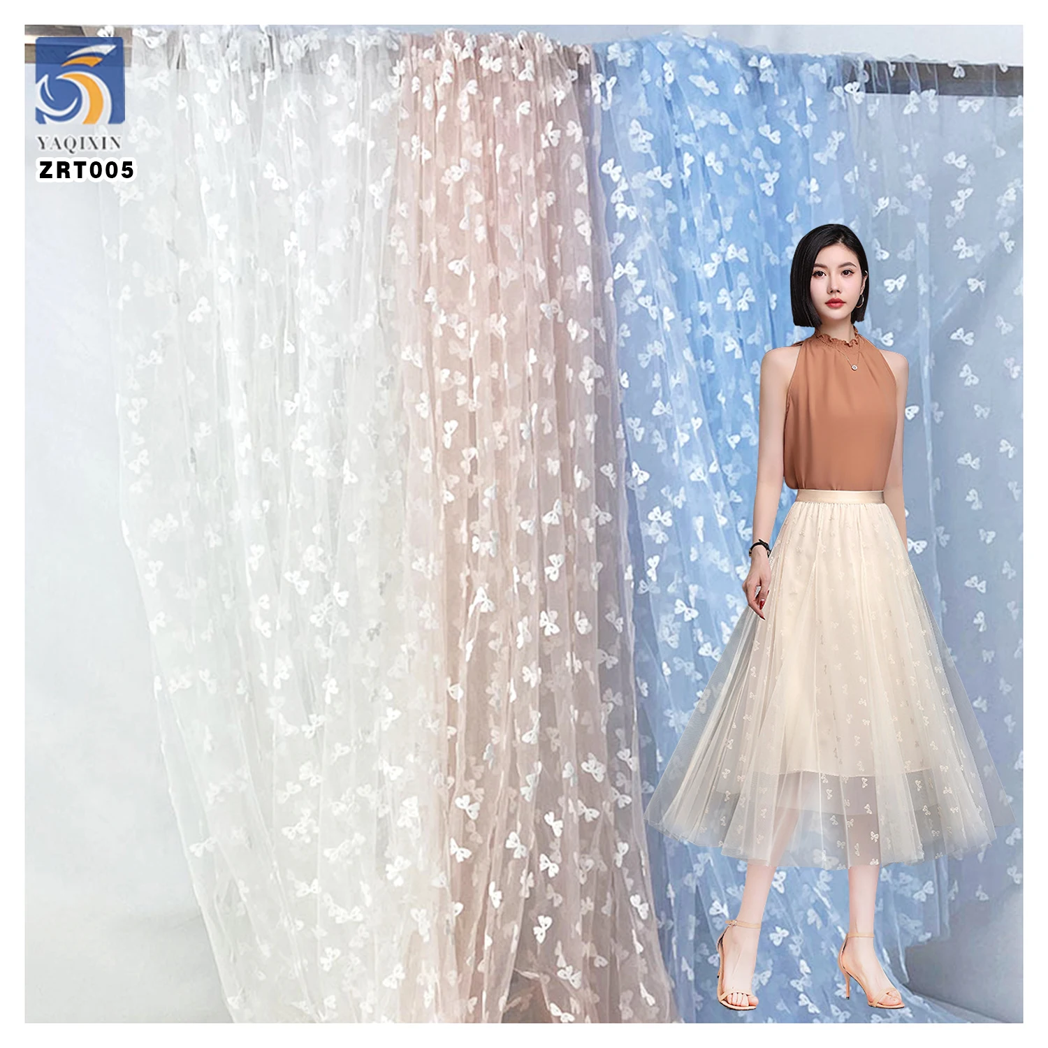 ZRT005 Romantic Flocking Black Rosette Bow Tulle Fabric Multi-Color Transparent Tulle Woman Dress Fabric