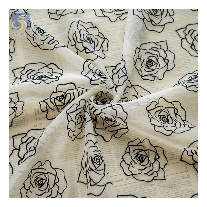 OEM China Manufacturer Custom Organza Fabric Khaki Flocked Rose Flower Pattern Organza Fabric 5 Yards - 图片 3