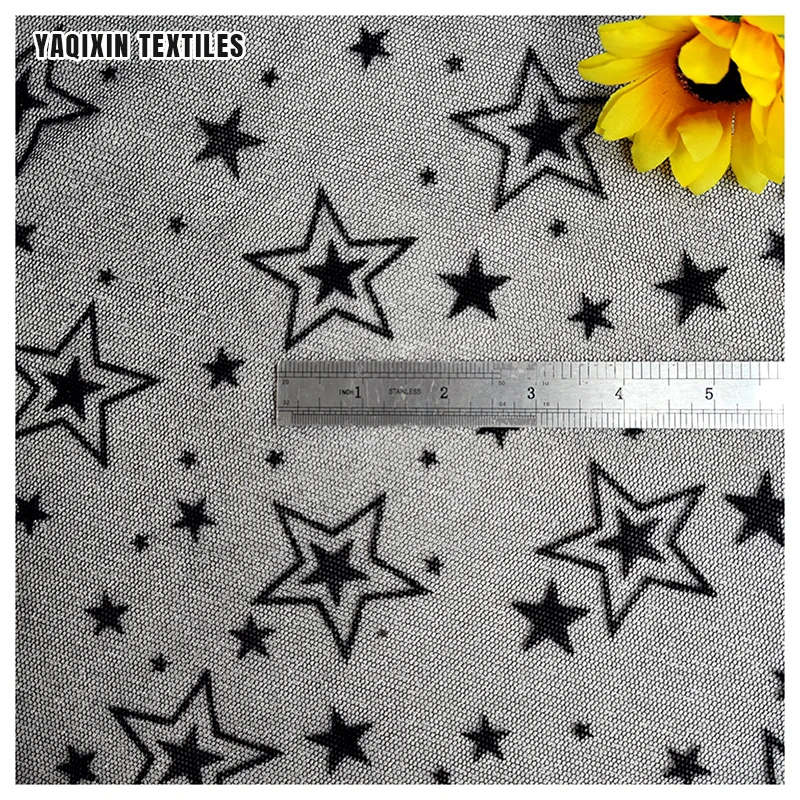 Free Samples Black Star Flocking Tulle Mesh Lace Fabric Glitter Polyester Material with Pattern Design for Girls' Garments - 图片 6