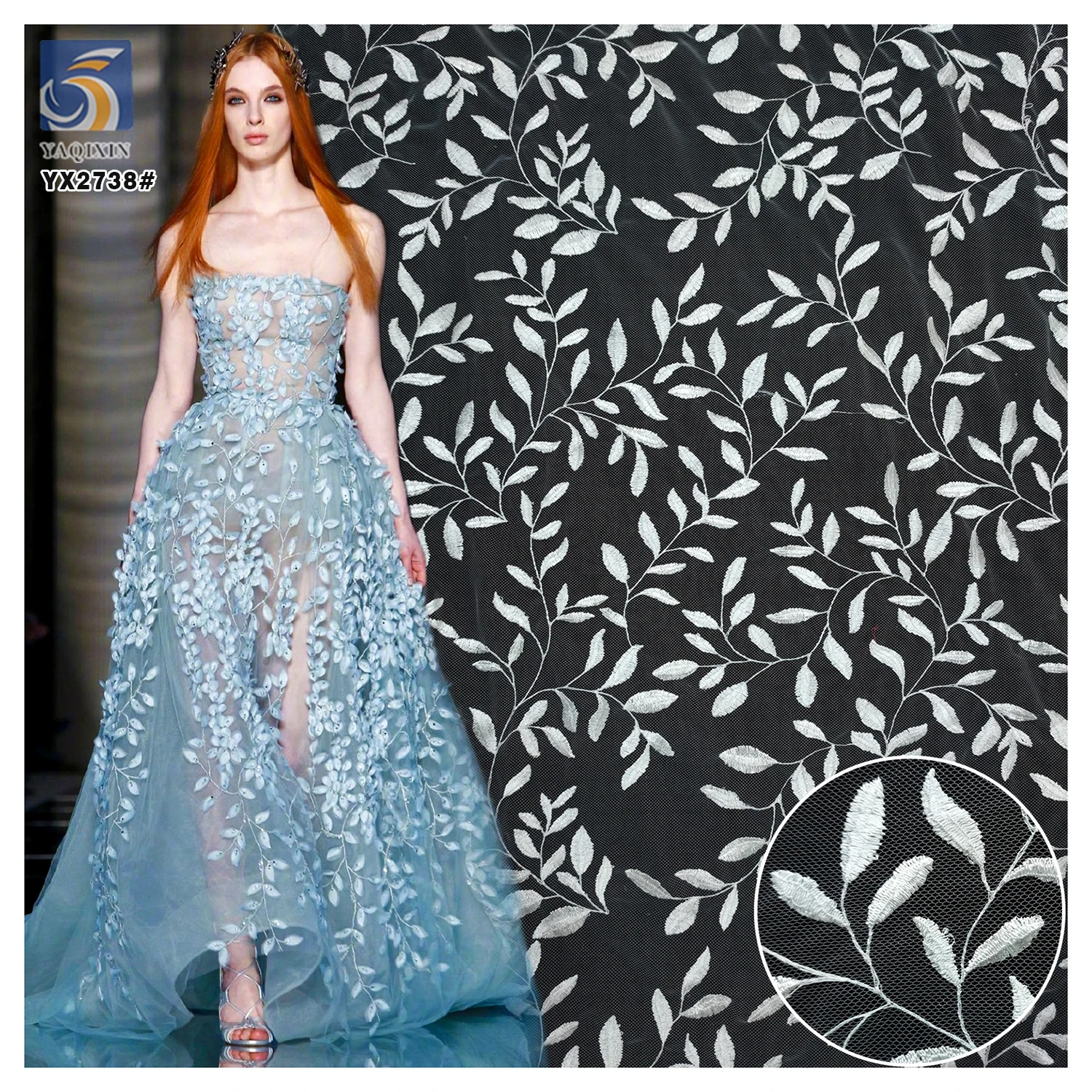 YX2738 Hot Sales China Wholesale Embroidery Mesh Lace Fabric Willow Leaf Design White Lace Bridal Fabric