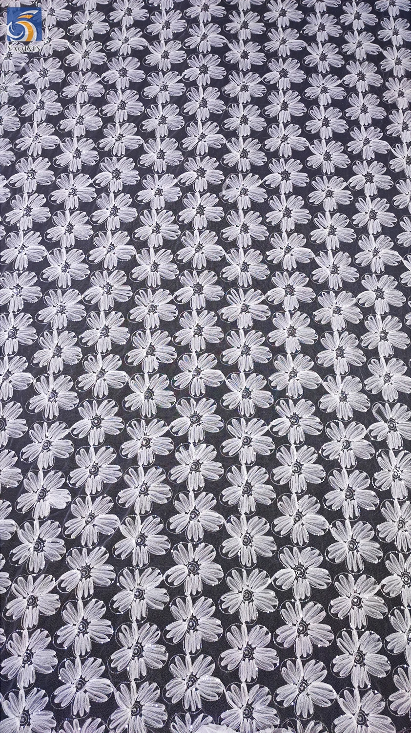 DX54-1 High Quality White Embroidery Mesh Fabric 3D Flower Lace Fabric With Sequins for Bridal Dress - 图片 4