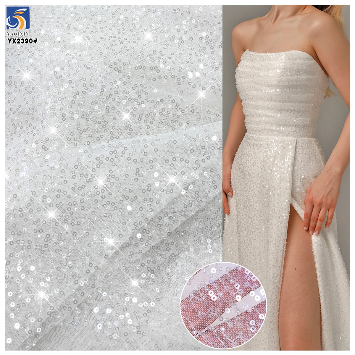 YX2390-1 Wholesale Transparent White Sequin Beads Tulle Fabric Wedding Dress Lace Fabric for Bridal Customization