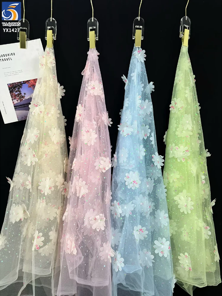 YX1427 Wholesale 3D Florals Embroidery Tulle Mesh Fabric Children Dress Soft 3D Net Lace Pastel OEM ODM Factory - 图片 4
