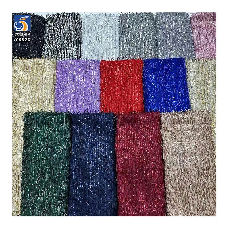YX826 Latest Mesh Embroidery 3mm Sequins and Tube Sequins Fabric 400gsm Metallic Sequin Fabric for Suspender Skirt Party - 图片 3