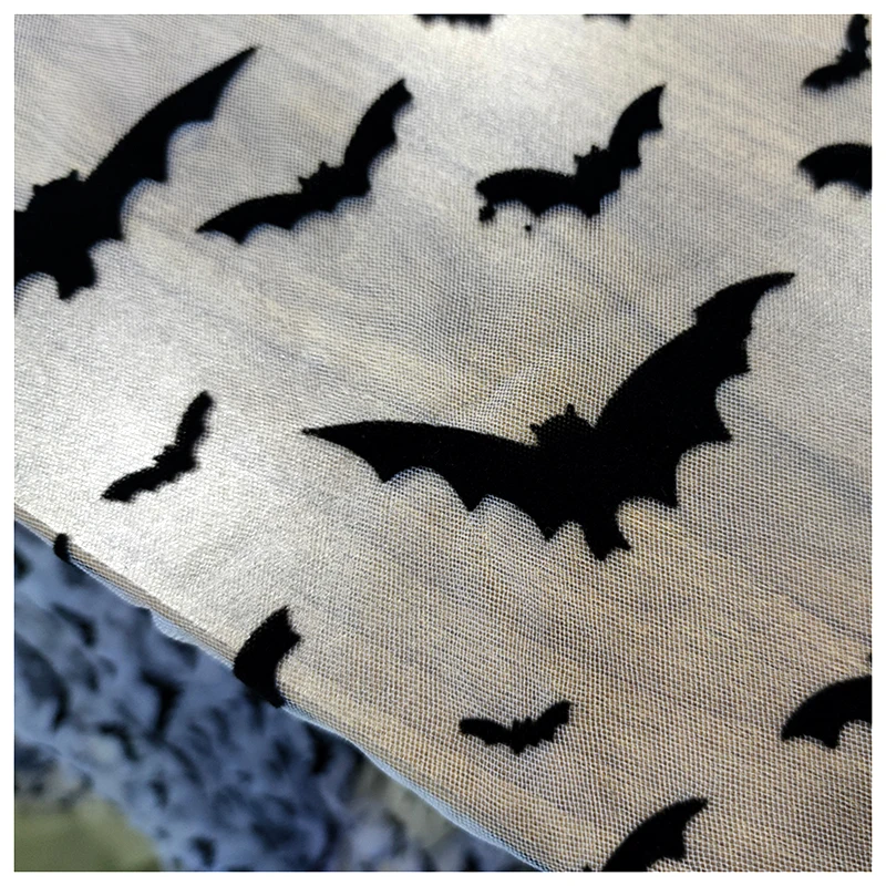 New Design Fancy Children Tulle Fabric Flocking Halloween Black Bat Mesh Fabric - 图片 4