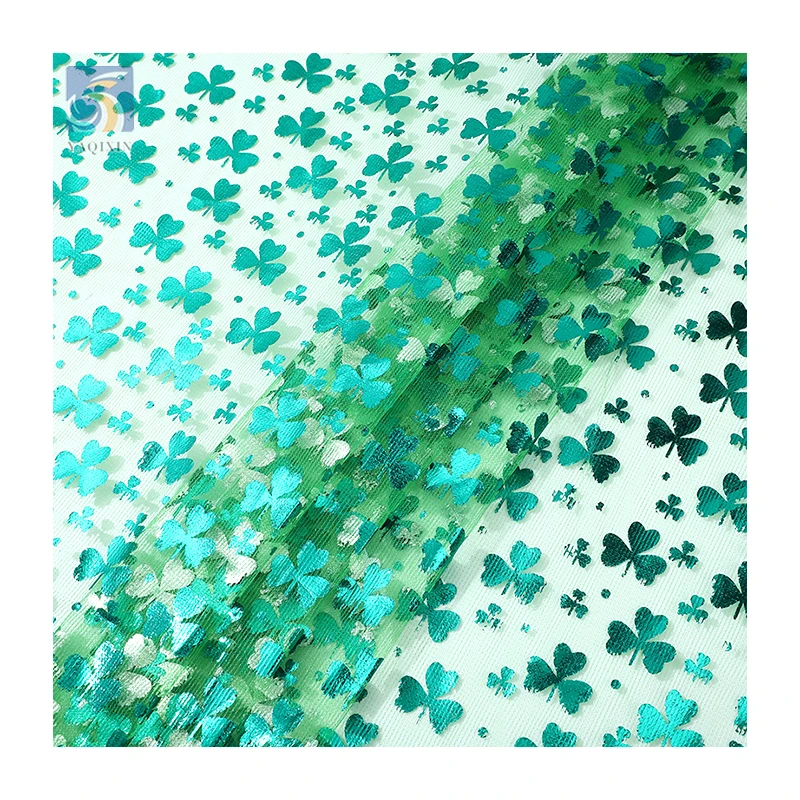 YX2713 Lucky Custom Polyester Green Clover Printed Tulle Fabric St. Patrick's Day Holiday Print Mesh Fabric - 图片 3