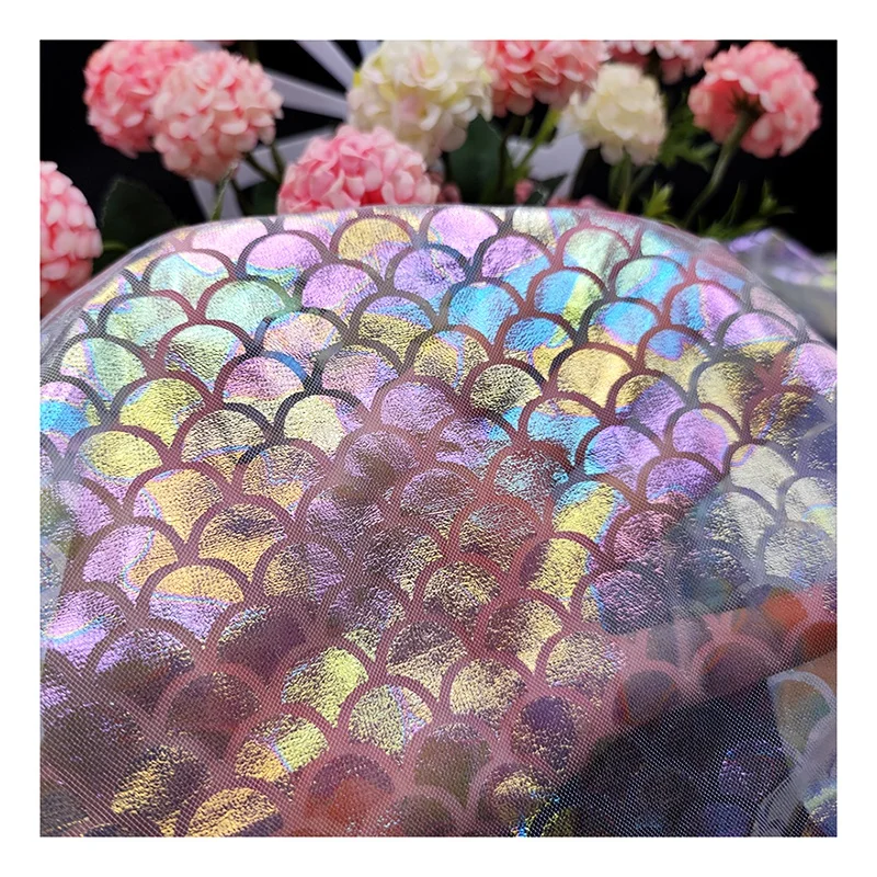 Colorful Fish Scale Laser Holographic Fabric Tulle Printed Mesh Fabric Wedding Dancewear Fabric - 图片 4