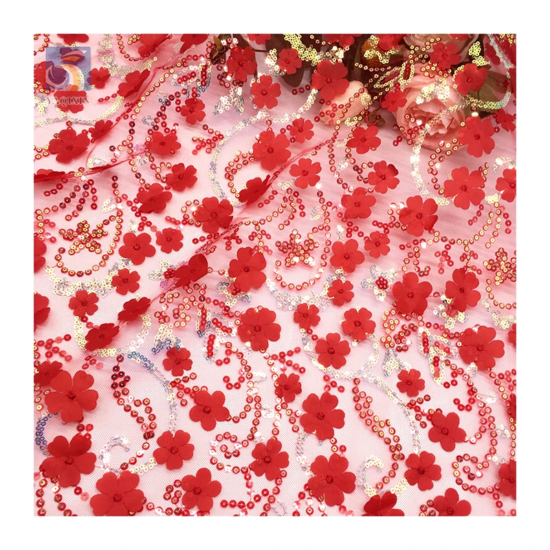 YX2730 2025 Latest Fashion Design Tulle Lace for Bridal Laser Embroidered 3D Flower Lace Fabric With Sequins - 图片 5