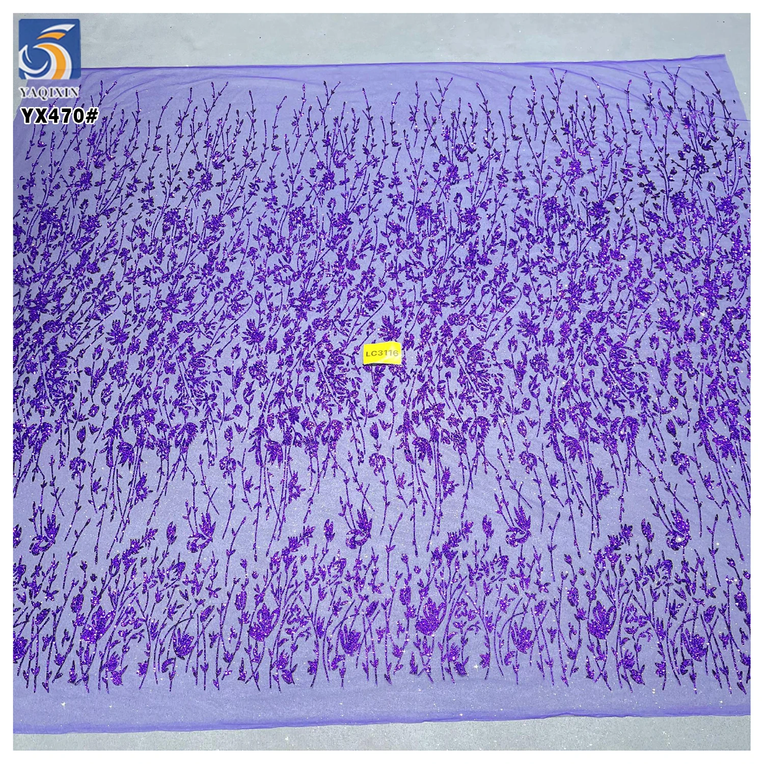 YX470 Custom Style 150 Gsm Polyester Tulle Glitter Purple Sequin Fabric for Wedding Dress - 图片 4