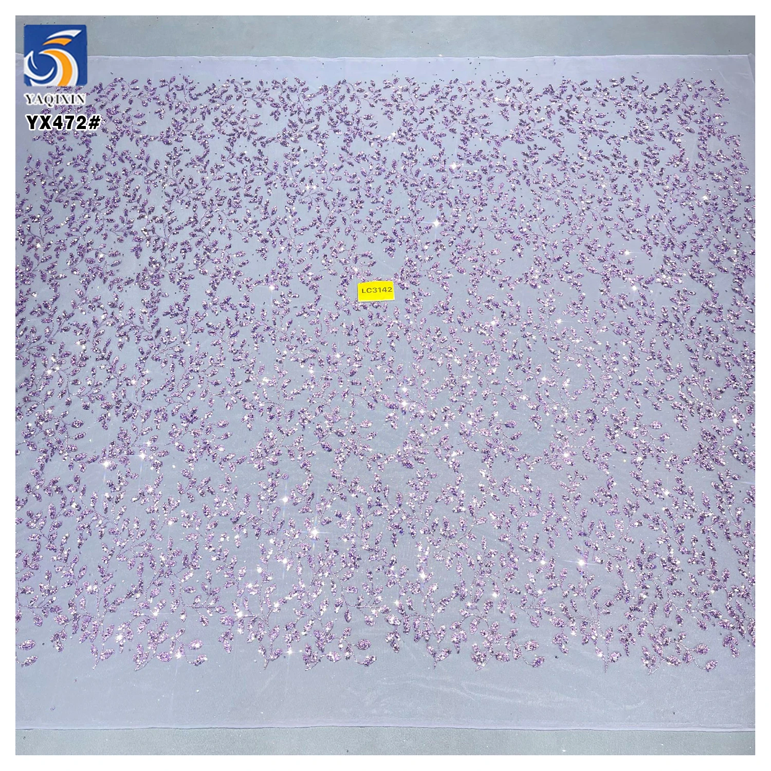 YX472 China New Design Shine Purple Sequined Embroidered Mesh Fabric Purple Floral Glittery Tulle Fabric - 图片 6