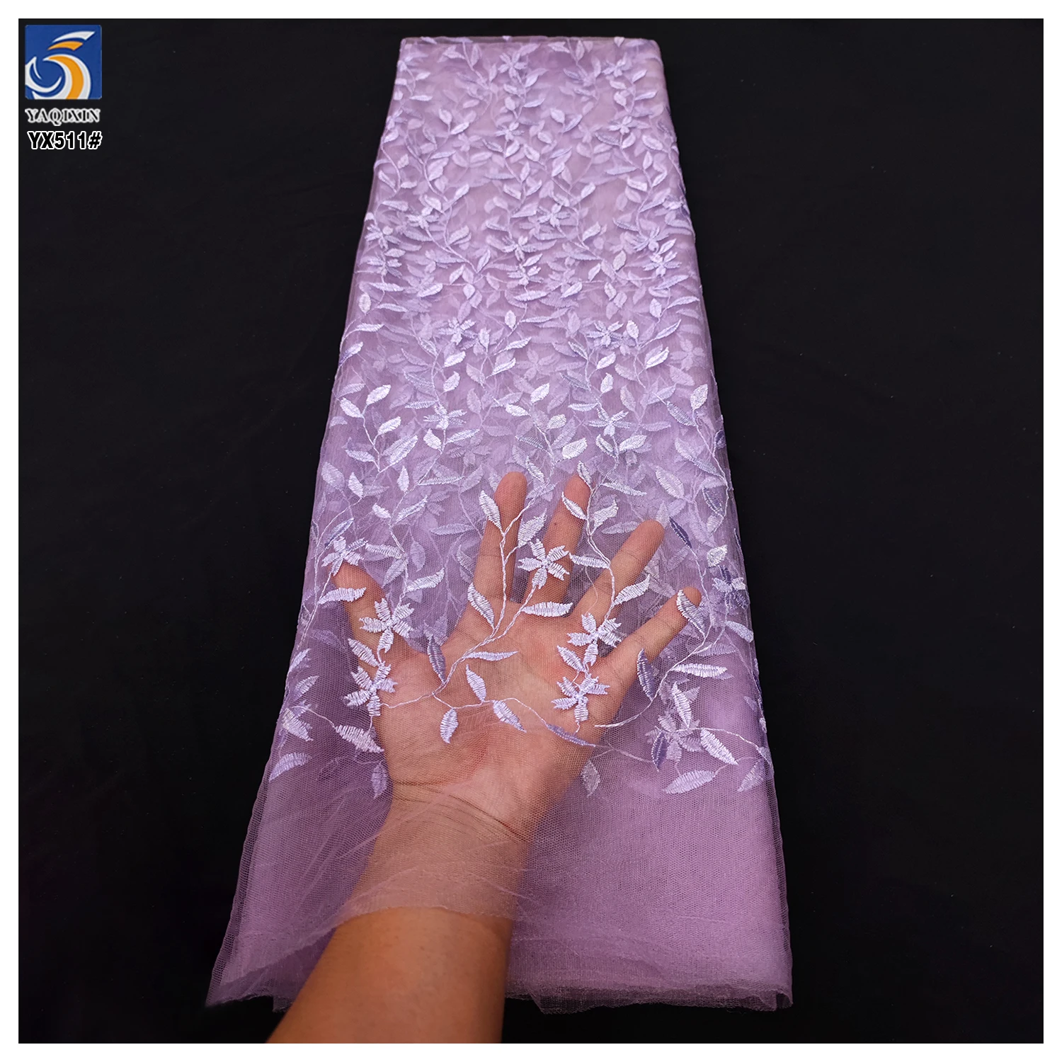 YX511 New Design Embroidery Fabric 2025 100% Polyester Leaf Pattern Embroidered Purple Tulle Mesh Fabric - 图片 3