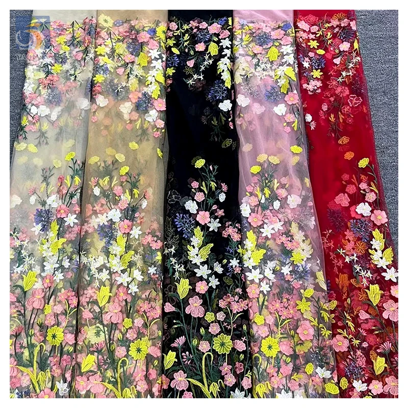 YX2406 China Wholesale 3D Flower Embroidered Lace Tulle Fabric Floral Fall Yellow Luxury Embroidered Fabric for Clothes - 图片 4
