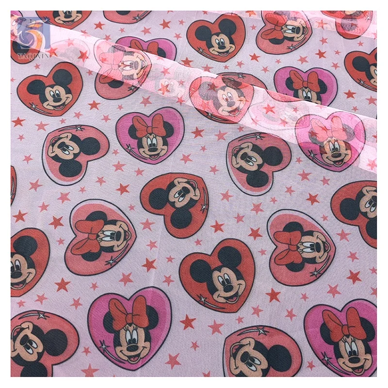 YX2571 Valentine's Day Tulle Fabric Mickey Heart Pattern Polyester Fabric Cartoon Printed Mesh Tulle Fabric for Children
