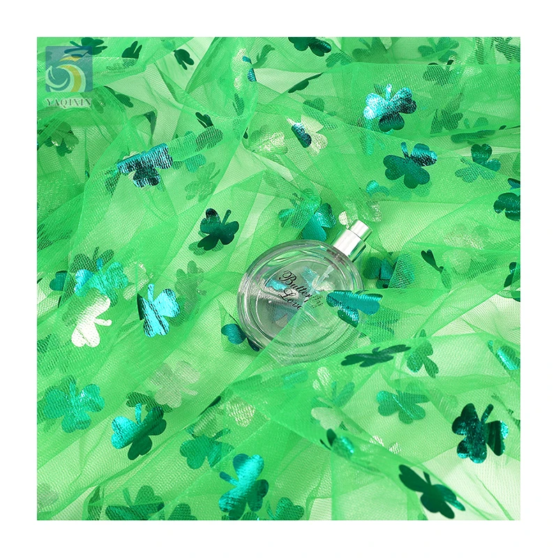 YX2713 Lucky Custom Polyester Green Clover Printed Tulle Fabric St. Patrick's Day Holiday Print Mesh Fabric - 图片 4