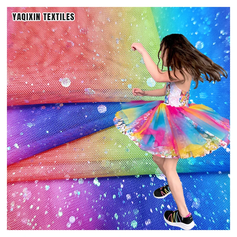 YX2178 Newest Lovely Style Baby Toddler Rainbow Tulle Lace Dress Clothing Material Fabric Glitter Knit Mesh Skirt Fabric