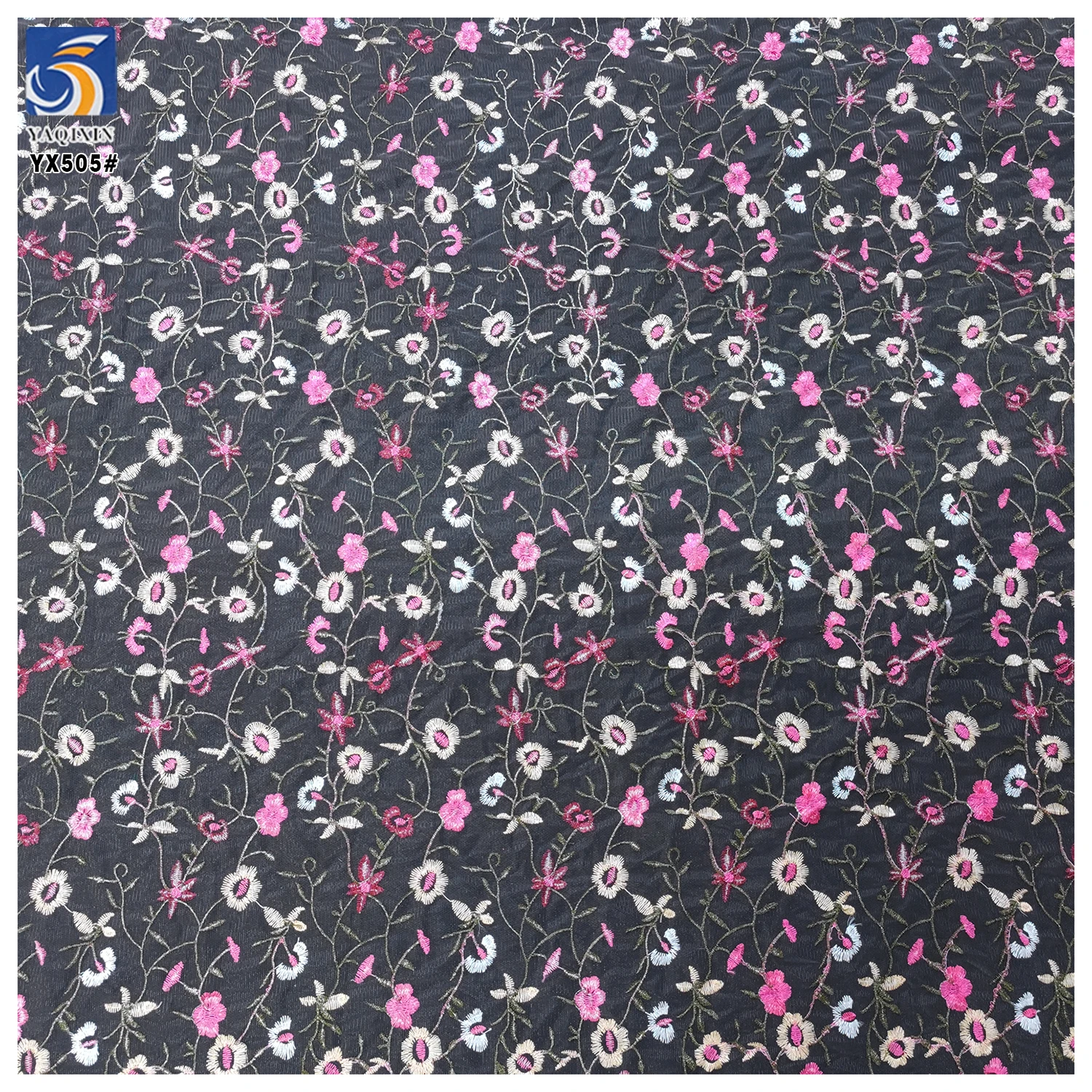 YX505 New Design Pink White Floral Polyester Mesh Colorful Embroidery Tulle Fabric - 图片 4