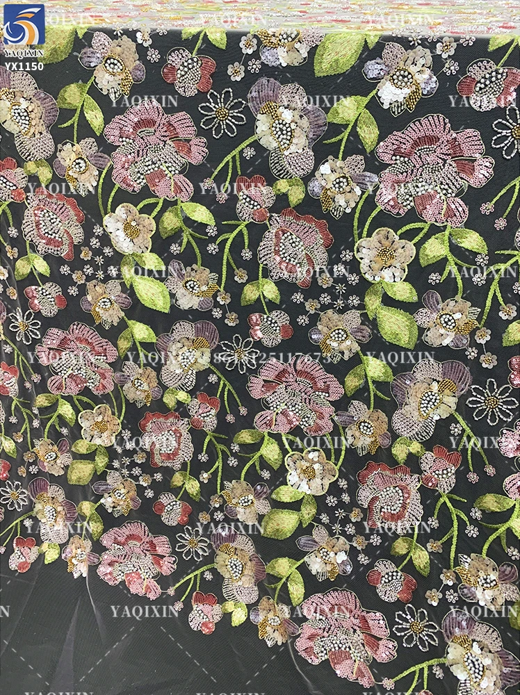 YX1150 Expensive Style Colorful Florals Beads Embroidery Tulle Fabric With Sequins Tulle Fashion Dress Fabrics for Women - 图片 4