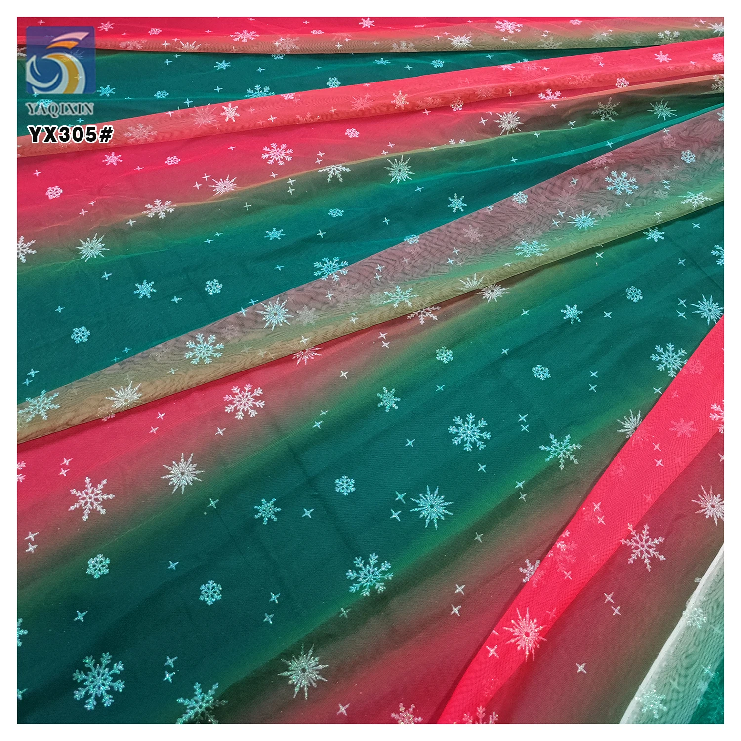 YX305 Customized 30D Tulle Printed Fabric With Red and Green Christmas Snowflake Pattern Fabric for Princess Dress - 图片 4
