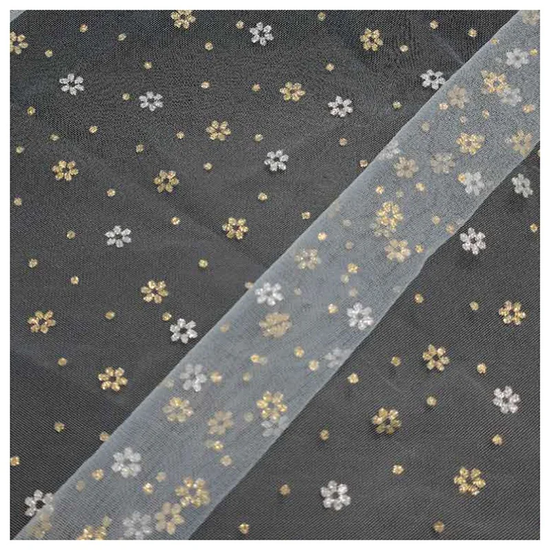 Sparkle Glitter Two-Color Small Cherry Blossoms Floral Polyester Tulle Mesh Fabric - 图片 5