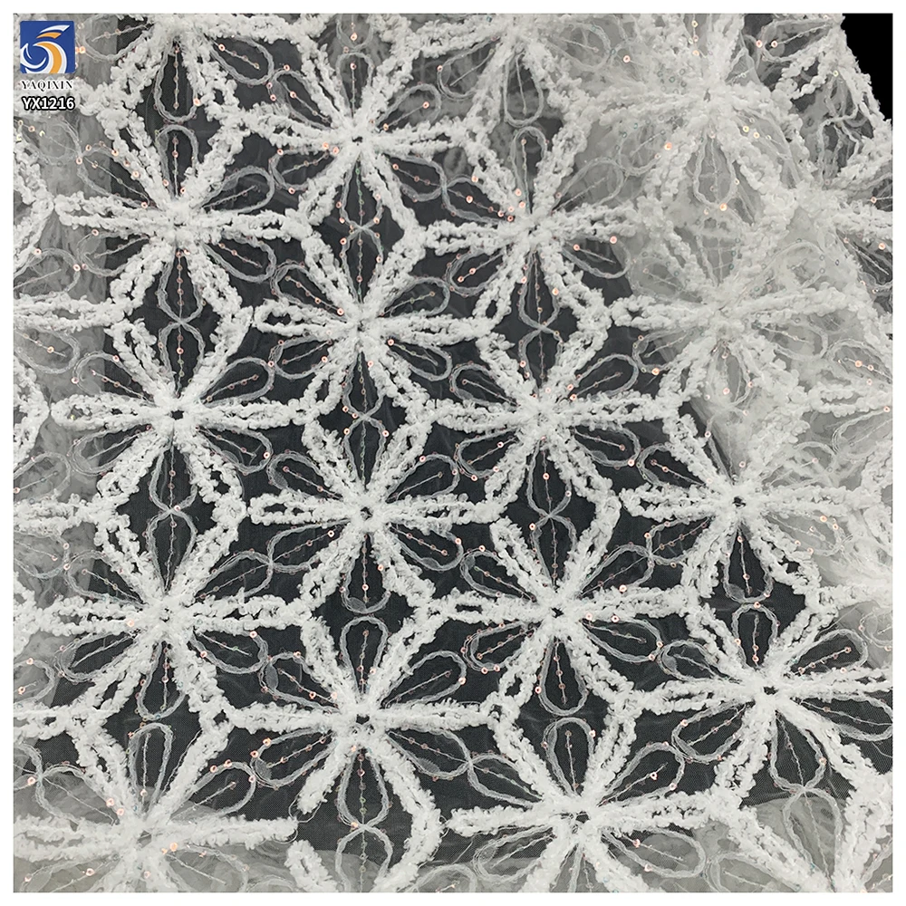YX1216 American Summer Knitted Embroidery Flowers Fabric Mesh Crochet Rope Lace Fabric With Sequins for Women Dress - 图片 5