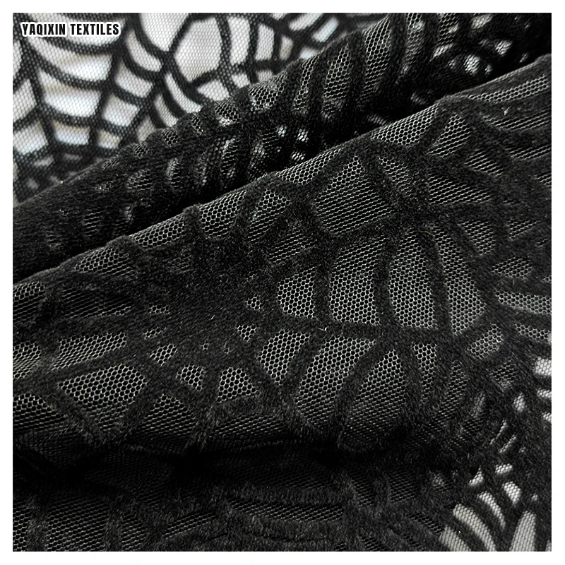 YX2274 Latest Dark Black Soft Polyester Spider Web Pattern Design Flocking Tulle Mesh Fabric for Halloween Hijab Headwear - 图片 6