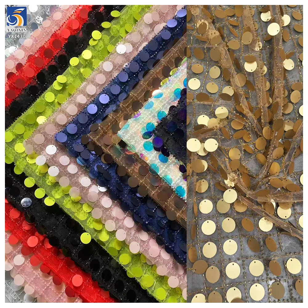 YX1430 2mm Large Round Sequins 300gsm Lace Embroidery Fabric Sequin New Fashion 130cm Sparkle for Womens Blouse