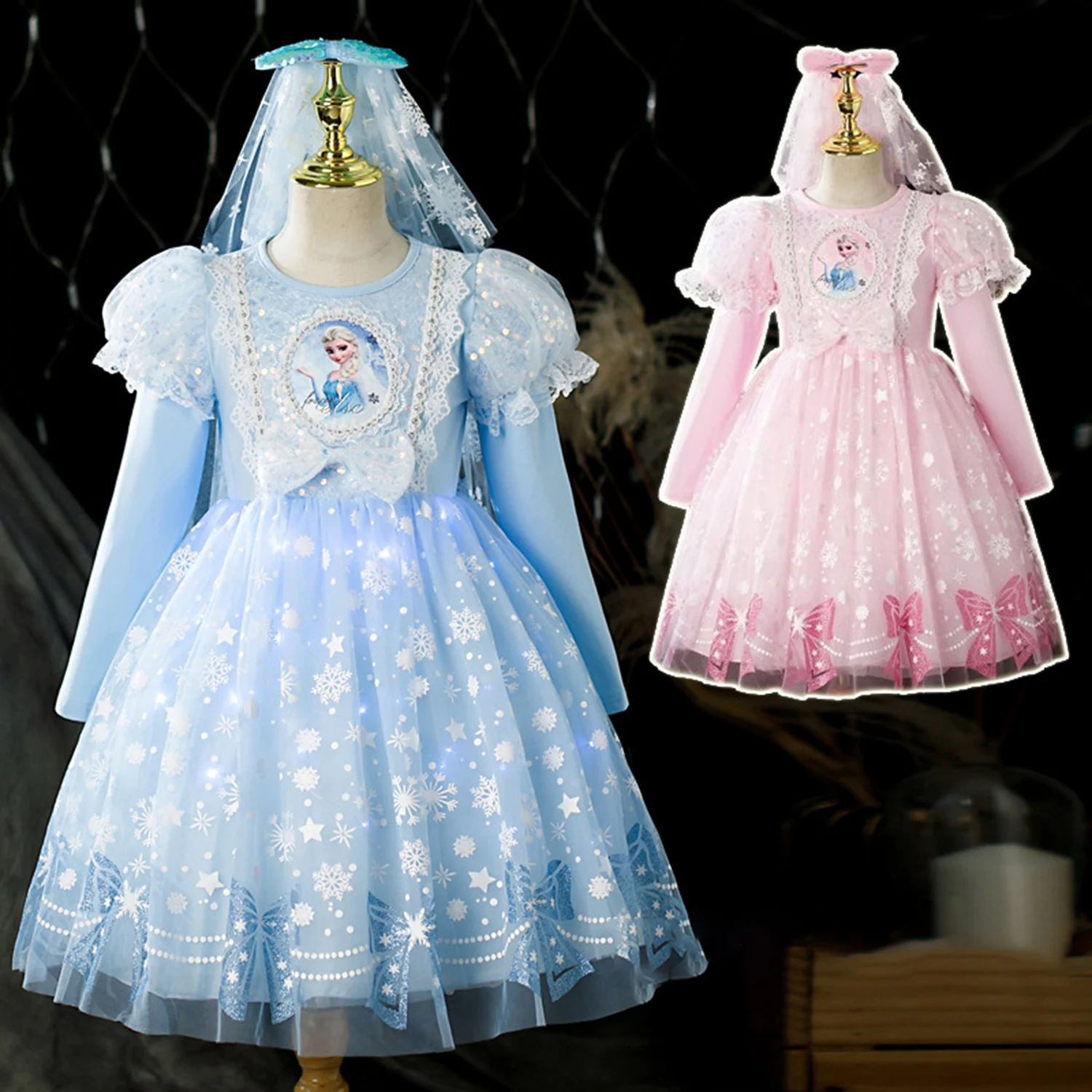 YX2672 New Design Frozen Princess Elsa Tulle Children Dress Fabric Azure Glitter Offset Printing Mesh Fabric - 图片 5