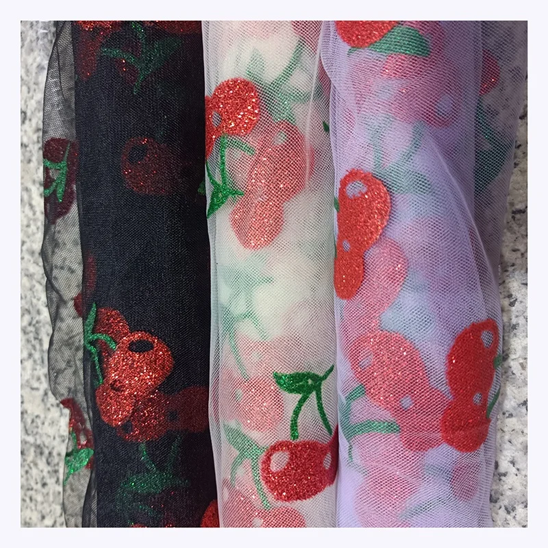 Pretty Cute Cherries Glitter Pattern Printed Tulle Mesh Fabric Polyester Tulle Netting for Girl Dress - 图片 6