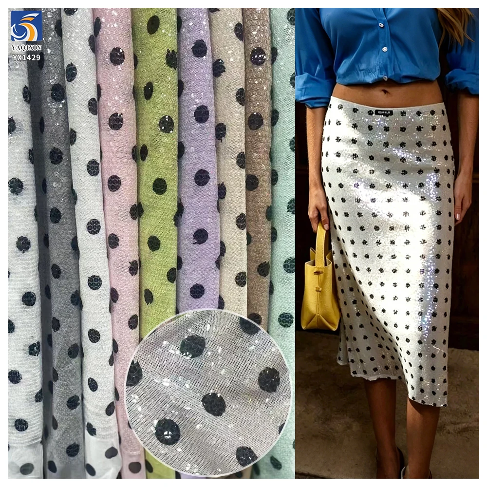 YX1429 250gsm Hot Sale 5mm Transparent Sequin Polka Dot Print Stretch Dress Fabric 140cm Sparkle for Womens Party Dress