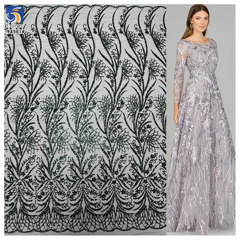 YX561 Africa 2025 Latest Nigerian Lace Fabric Olive Green Shiny Sequins Lace Fabric for Women Paris Catwalk