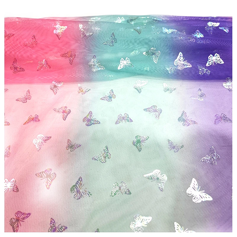 YX2048 New Arrival Pink Purple Butterfly Fabric Print Gradient Rainbow Soft Tulle Fabric for Tutu Dresses - 图片 4