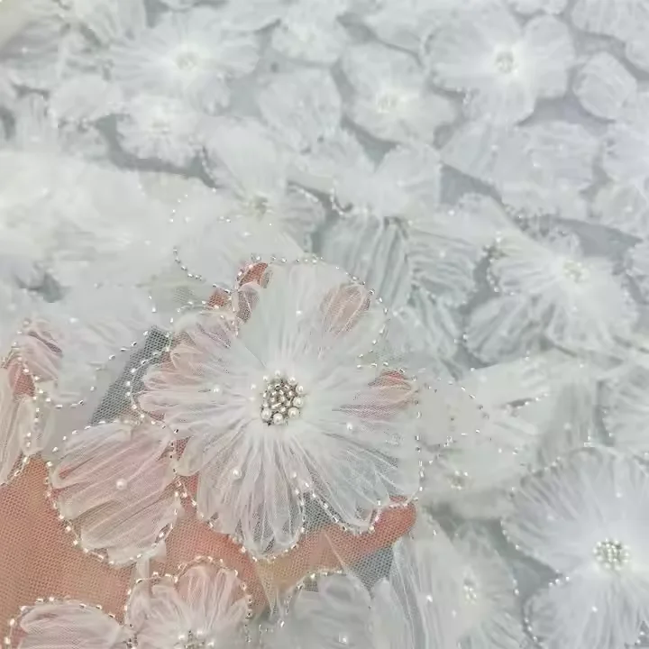 YX2284-2 High Quality White Polyester Embroidery Tulle Fabric Mesh 5 Yards for Lace Flowers Beads Pearl Embroidery Fabric - 图片 5