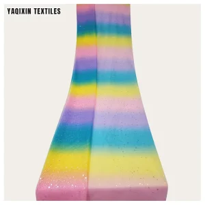 YY221125 High Quality Soft 100 Polyester Shiny Dot Tricot Knit Mesh Tulle Fabric with Print Rainbow Design