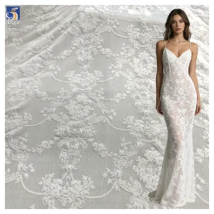 In Stock Polyester Spandex Flocked Floral Mesh Lace Fabric in Black 4 Way Stretch Power Mesh Net Fabric for Dress