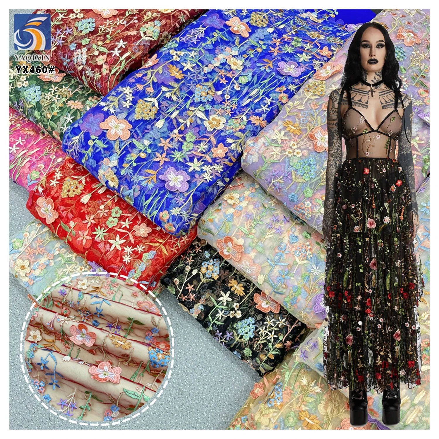 YX460 Cheap Floral Multicolor 3D Mesh Embroidery Fabric Lace Women's Clothing Wedding Dress Embroidery Fabric - 图片 2