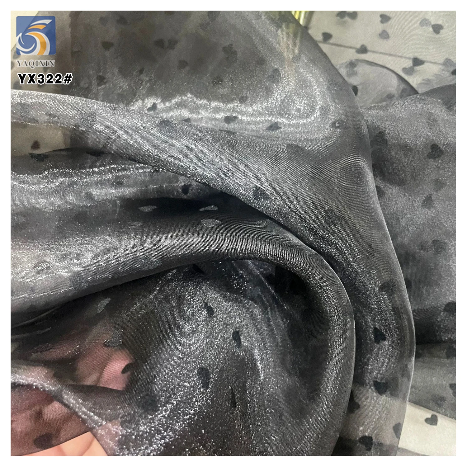 YX322 New Arrival Fluffy Stiff Polyester Shiny Organza Black Flocked Heart Fabric for Headpieces Dresses - 图片 5