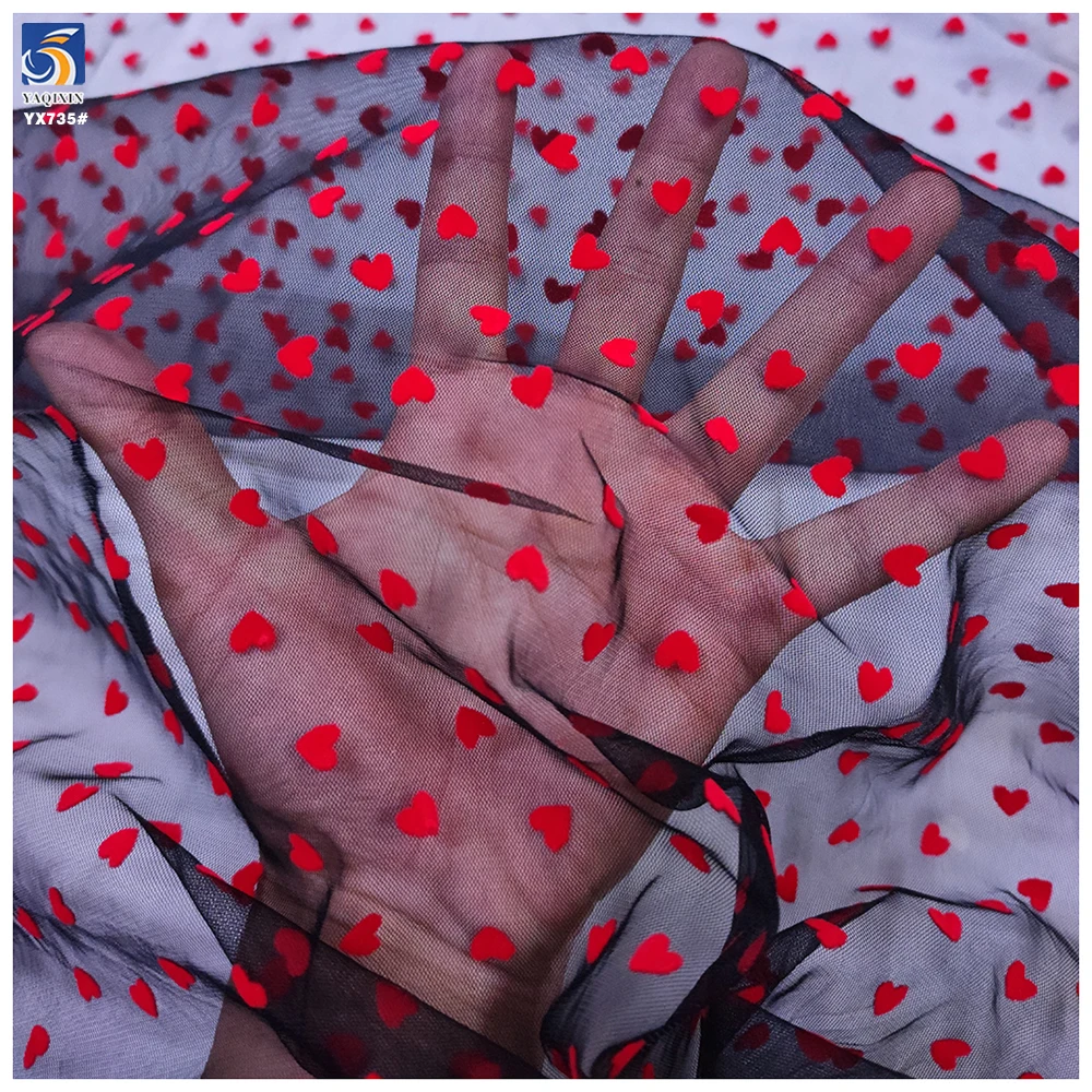 YX735-1 2026 Heart-Shaped 100% Polyester Flocked Tulle Mesh Fabric Knitted Mesh Net Fabric for Lingerie Skirts - 图片 6