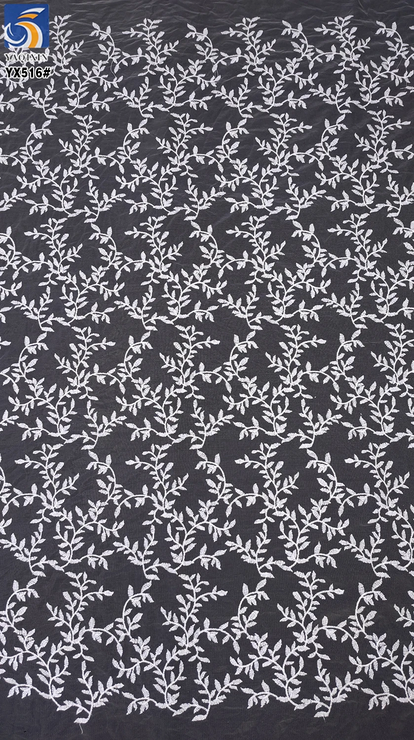 YX516 New Trend Style Willow Leaf Pattern Embroidery White Fabric Polyester Embroidered Mesh Fabric - 图片 3